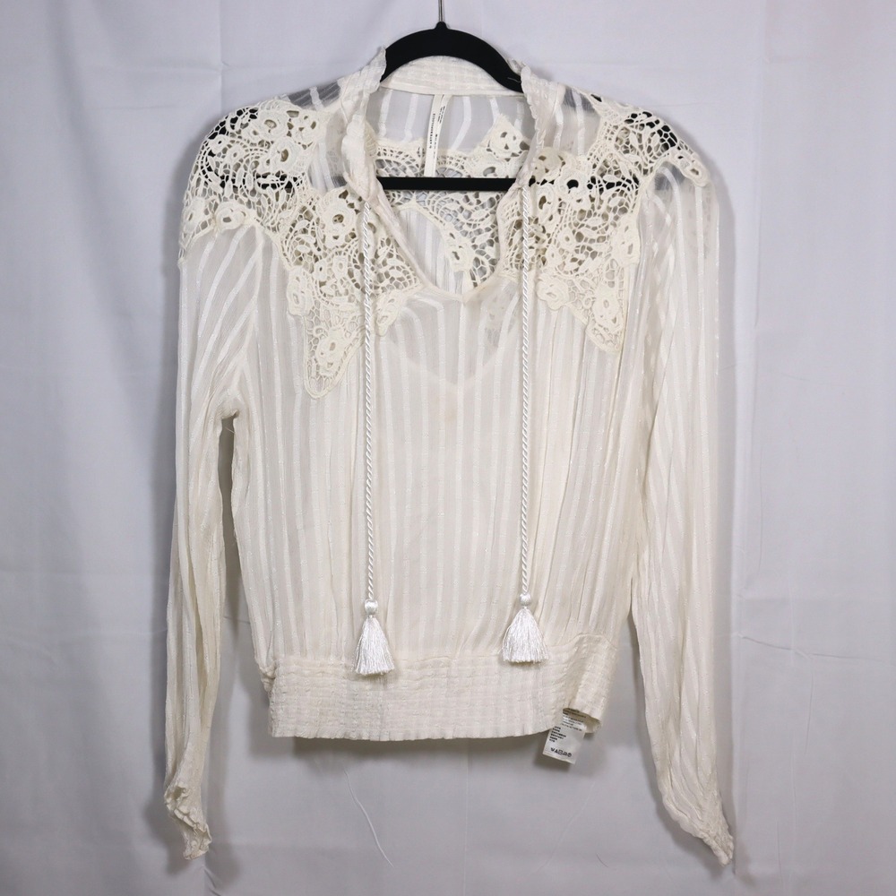 Anthropologie Lace Trim‎ Blouse 10 Ivory Womens Boho Tassel Peasant Top